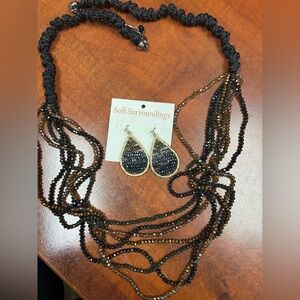 Soft Surroundings Black and Bronze Beaded Earrings and Necklace